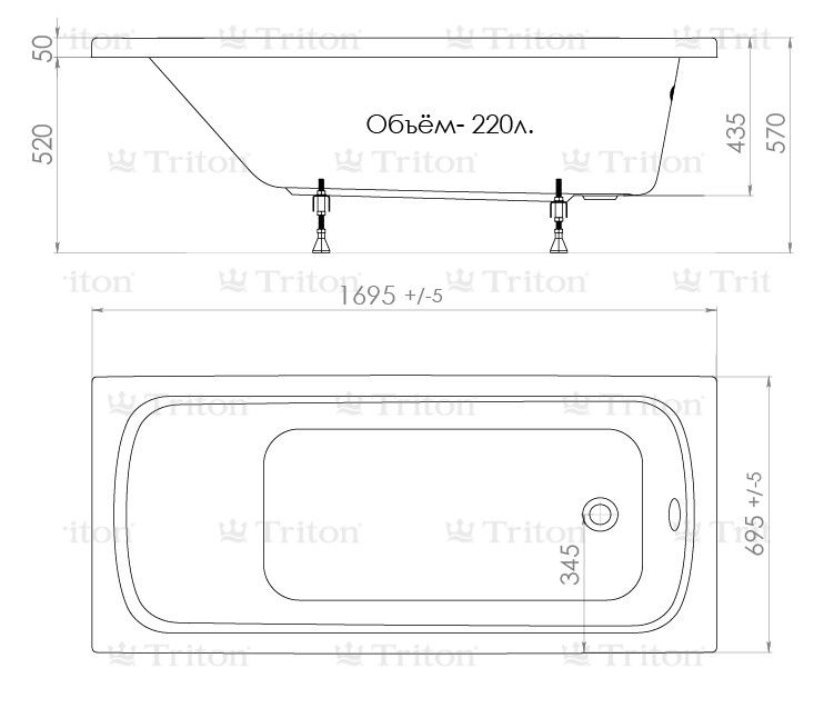 Схема товара Акриловая ванна Triton Стандарт 170x70 Экстра