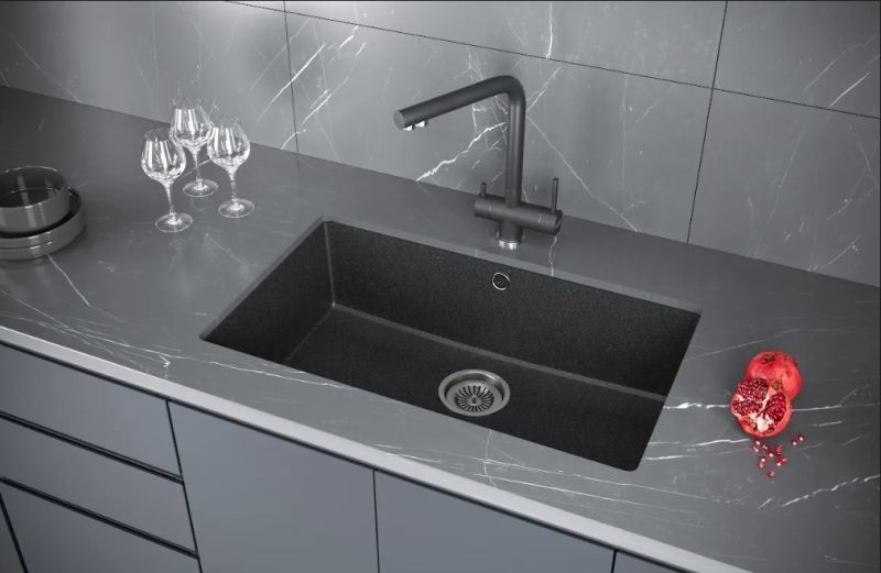 Кухонная мойка KuchenStern UNDER 80 Ku-Granit 103BL10 подстольная 73х46х19 см, гранит, тон черный в интернет-магазине Sumom.kz Кухонная мойка KuchenStern UNDER 80 Ku-Granit 103BL10 подстольная 73х46х19 см, гранит, тон черный в интернет-магазине Sumom.kz