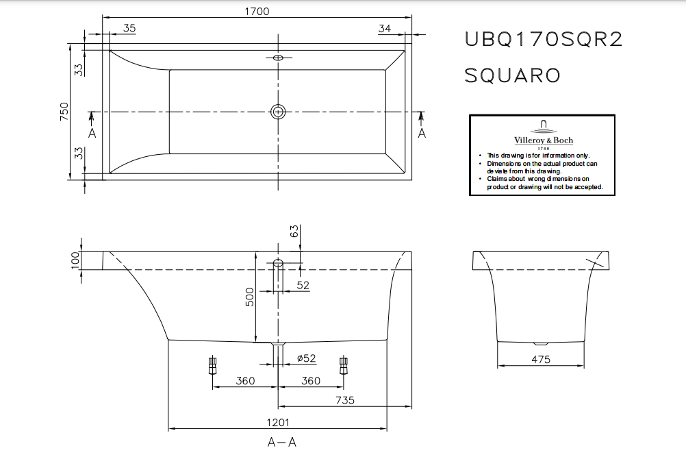 Схема товара Квариловая ванна Villeroy&Boch Squaro 170x75 UBQ170SQR2V-01