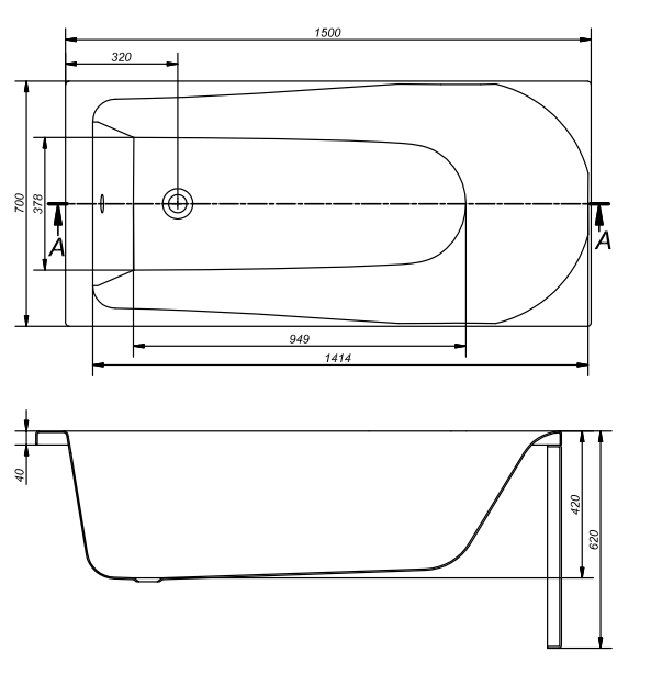 Схема товара Акриловая ванна Cersanit Flavia 150x70