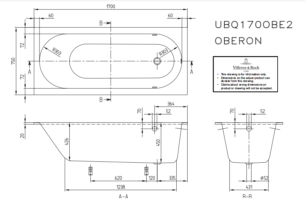 Схема товара Квариловая ванна Villeroy&Boch Oberon 170x75 UBQ170OBE2V-01