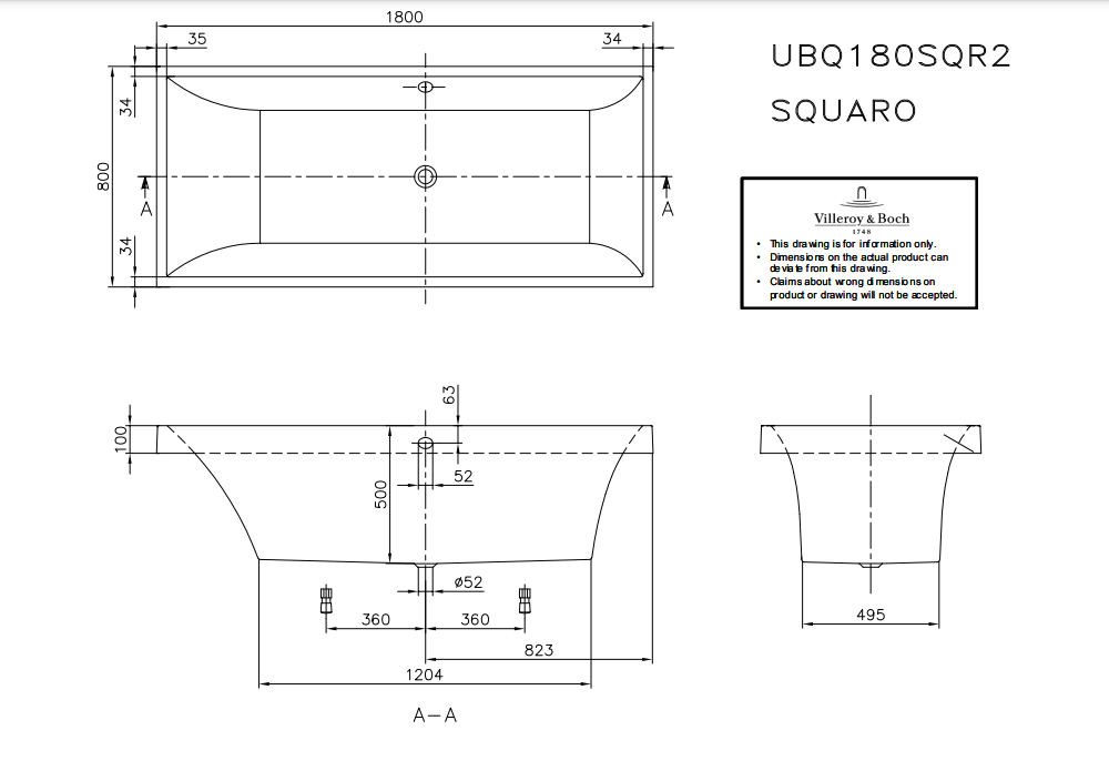 Схема товара Квариловая ванна Villeroy&Boch Squaro 180x80 UBQ180SQR2V-01
