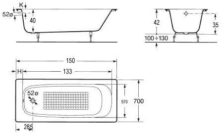 Схема товара Чугунная ванна Roca Continental 150x70  