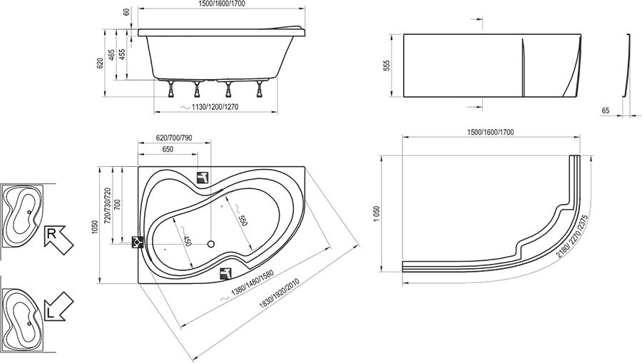 Схема товара Акриловая ванна Ravak Rosa II 150x105 Правая CJ21000000