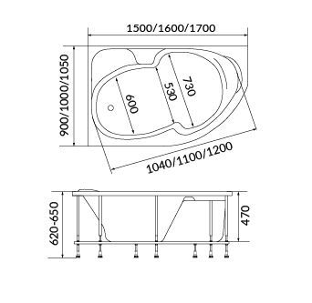 Схема товара Акриловая ванна 1Marka DIANA 150x90 R
