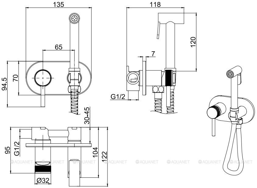 5.31005-BN PRIORITY Смеситель с гиг.душем, Латунь, Kerox, скрыт.часть в компл., браш.никель большой выбор под ваш дизайн!