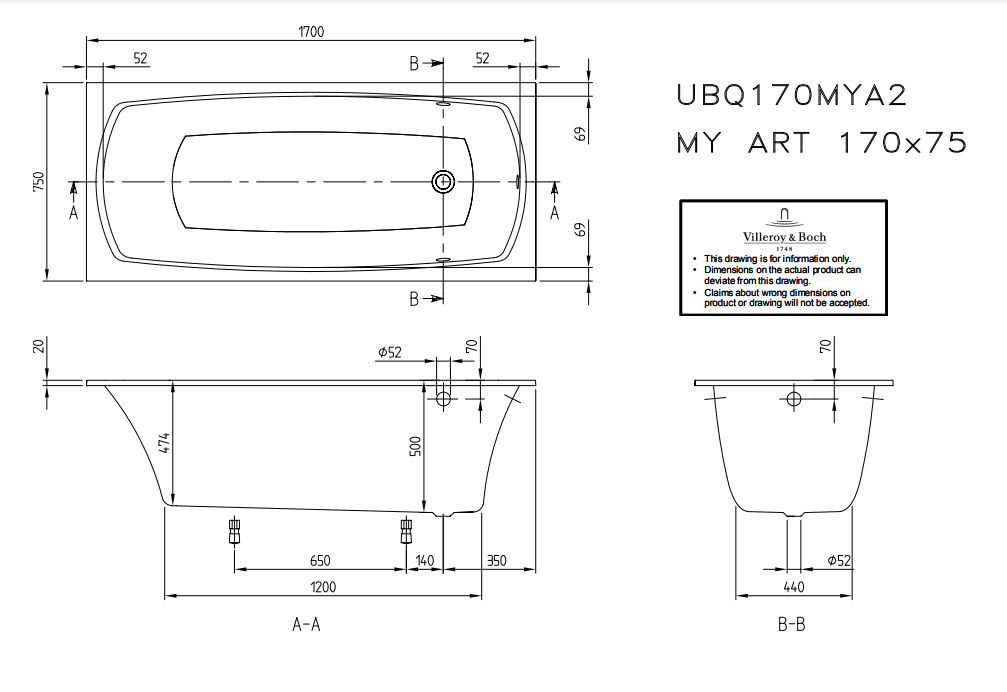 Схема товара Квариловая ванна Villeroy&Boch My Art 170x75 UBQ170MYA2V-01