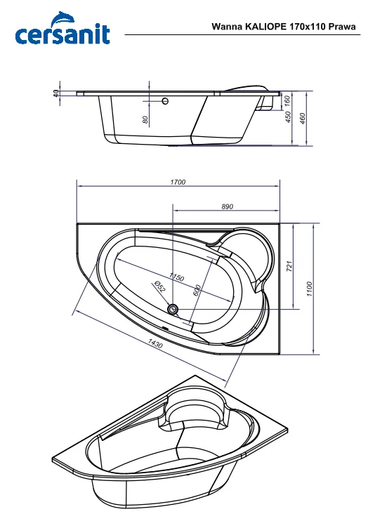Схема товара Акриловая ванна Cersanit Kaliope 170X110 Правая