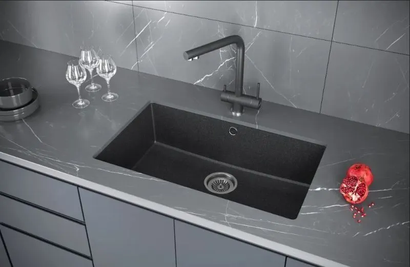 Кухонная мойка KuchenStern UNDER 80 Ku-Granit 103BL10 подстольная 73х46х19 см, гранит, тон черный в интернет-магазине Sumom.kz