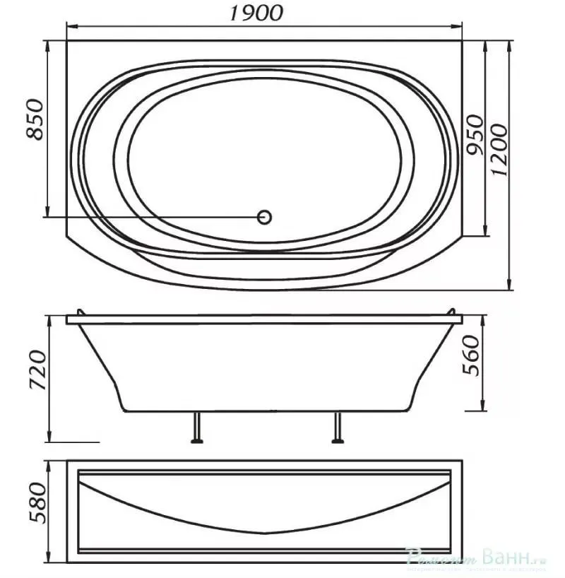 Схема товара Акриловая ванна 1МарКа Сиракуза 190x120