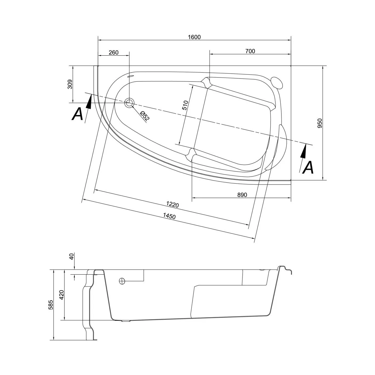 Схема товара Акриловая ванна Cersanit Joanna 160x95 Правая