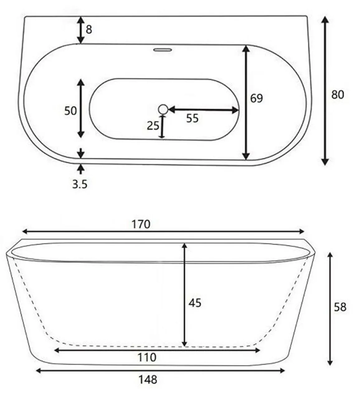 Схема товара Отдельностоящая акриловая ванна LUSSO Urban 1700*800
