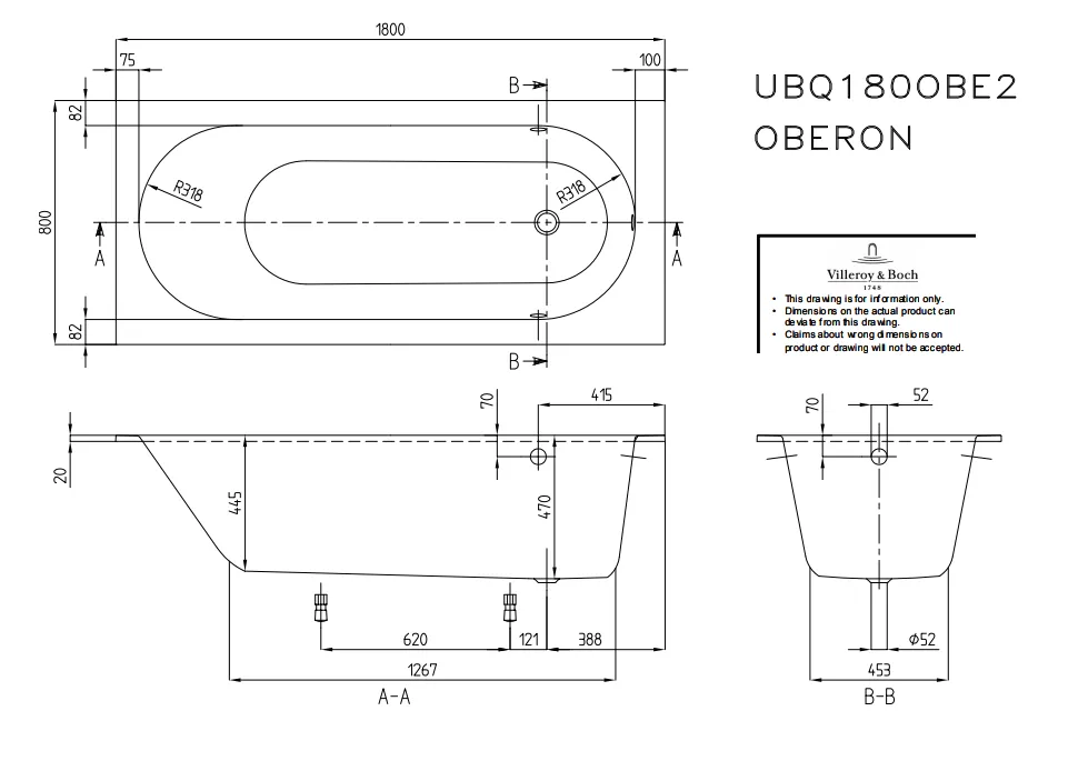 Схема товара Квариловая ванна Villeroy&Boch Oberon 180x80 UBQ180OBE2V-01