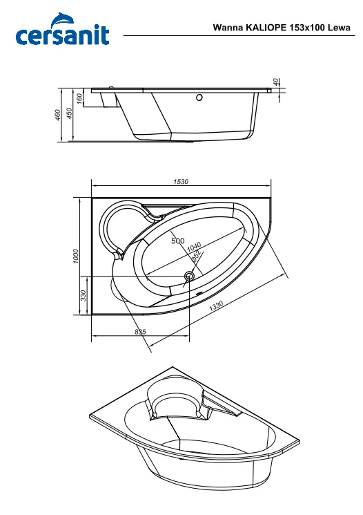 Схема товара Акриловая ванна Cersanit Kaliope 153X100 Левая