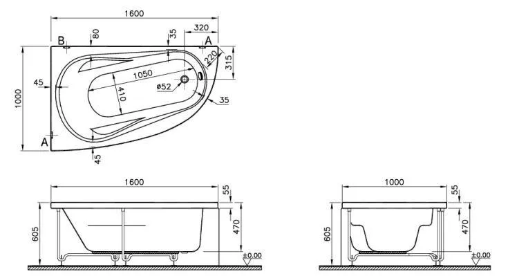 Схема товара Акриловая ванна Vitra Comfort 160x100  левая 52700001000