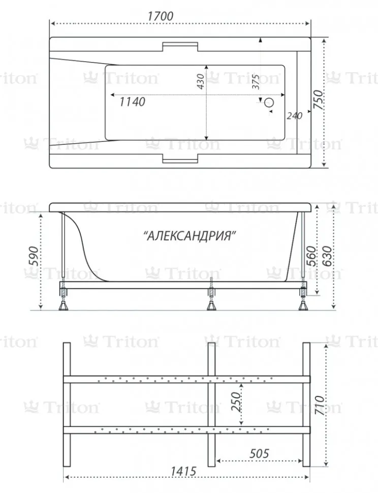 Схема товара Акриловая ванна Triton Александрия 170x75 в комплекте с каркасом