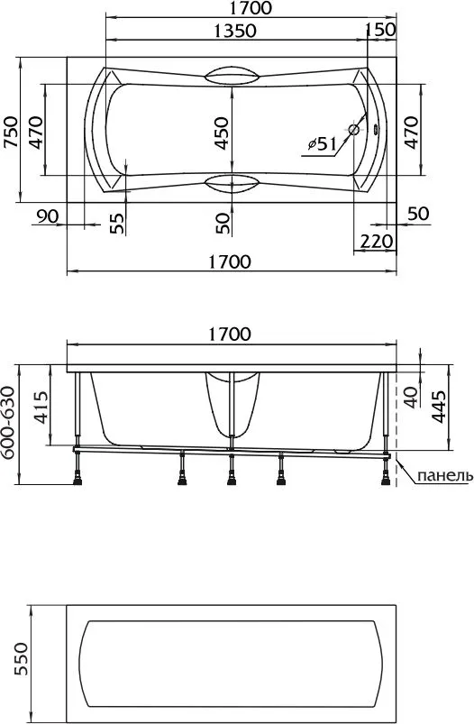 Схема товара Акриловая ванна 1МарКа Agora 170x75
