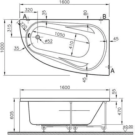 Схема товара Акриловая ванна Vitra Comfort 160x100 правая 52690001000