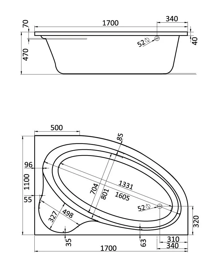 Схема товара Акриловая ванна Santek Эдера Правая 170x110 1WH111994
