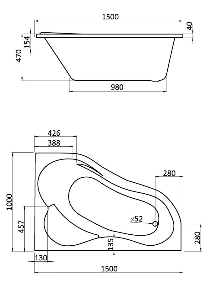 Схема товара Акриловая ванна Santek Ибица 150x100 Правая 1WH112035