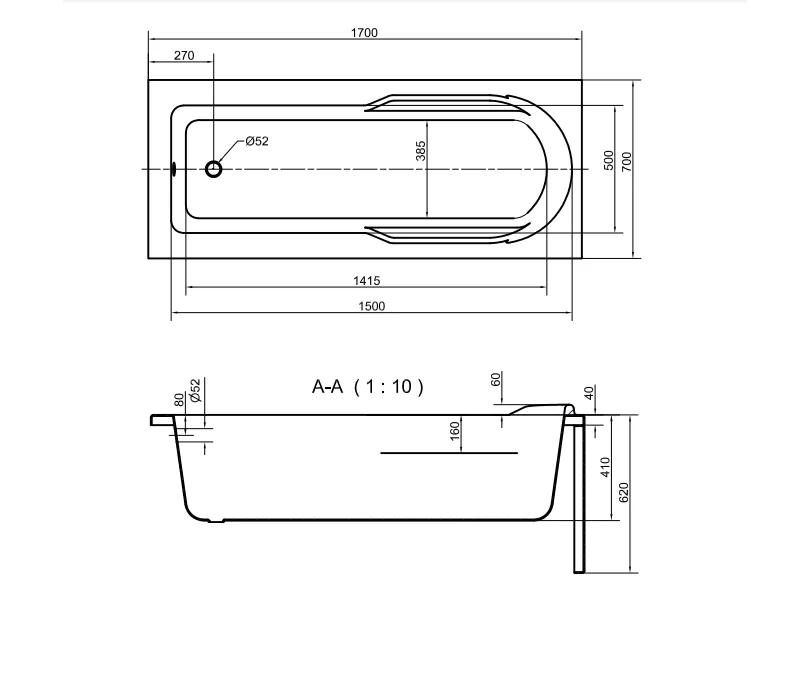 Схема товара Акриловая ванна Cersanit Santana 170x70