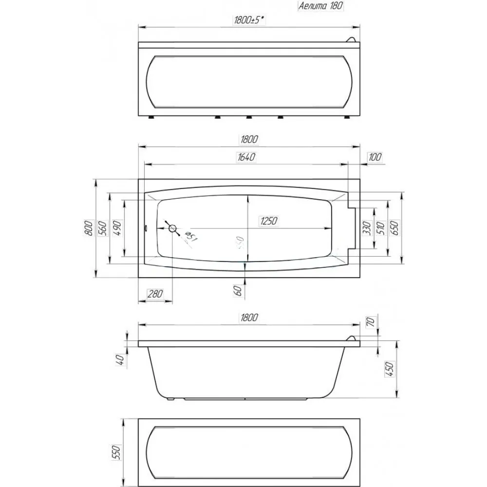 Схема товара Акриловая ванна 1МарКа Aelita 180x80