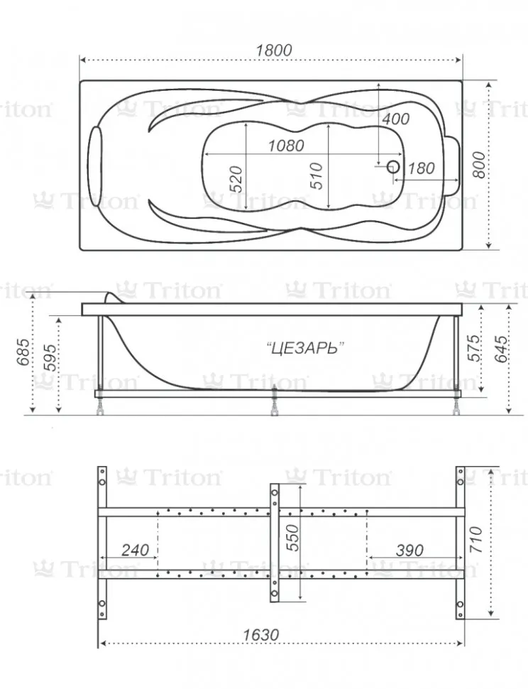 Схема товара Акриловая ванна Triton Цезарь 180x80