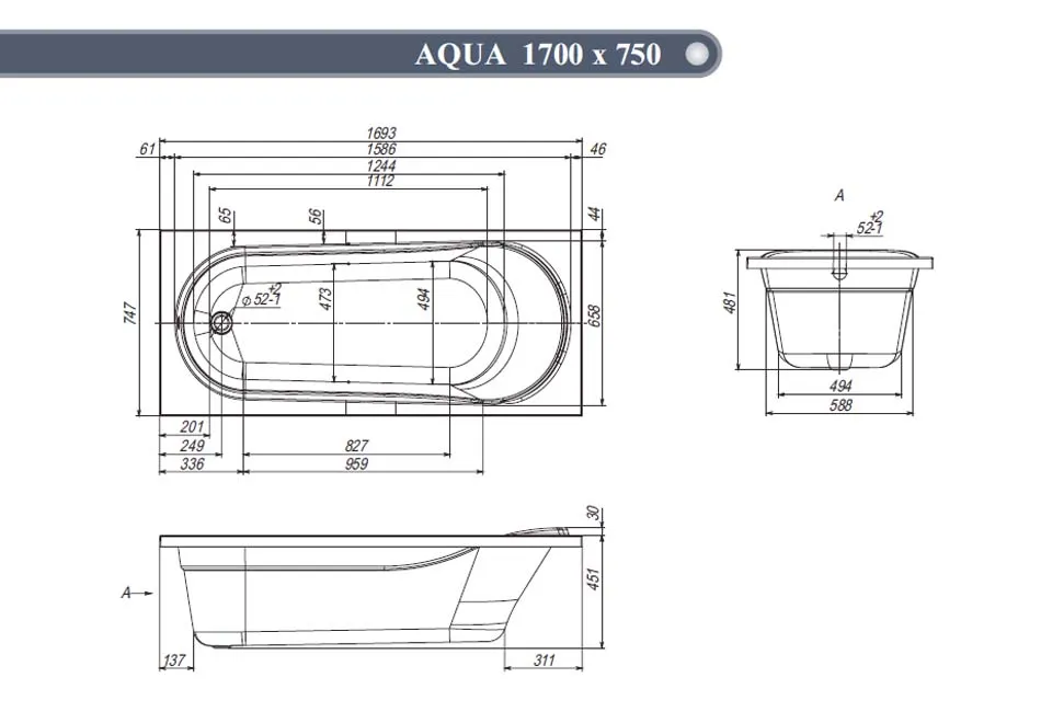 Схема товара Акриловая ванна Ventospa AQUA LA 1700*750