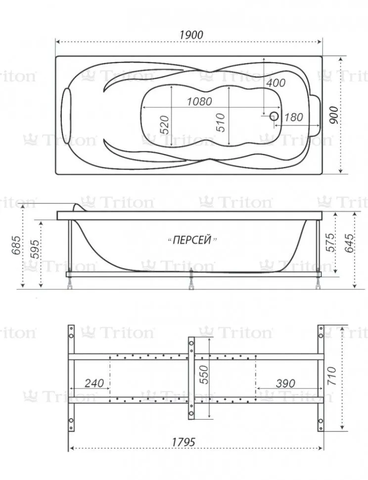 Схема товара Акриловая ванна Triton Персей 190x90 в комплекте с каркасом