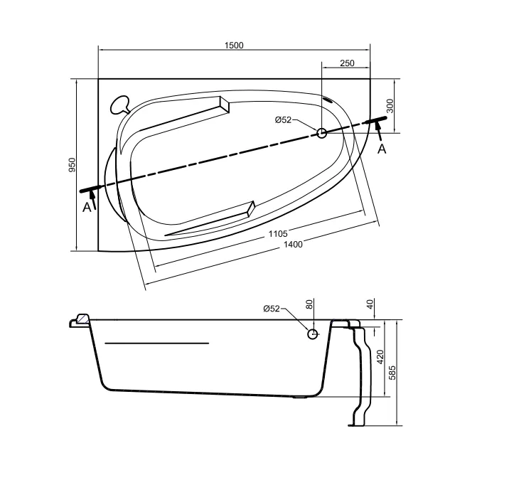 Схема товара Акриловая ванна Cersanit Joanna 150x95 Левая